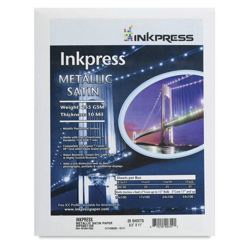 Inkpress Metallic Paper, 255 gsm, 10 mil, Metallic Glossy Surface, 8.5x11", 20 Sheets